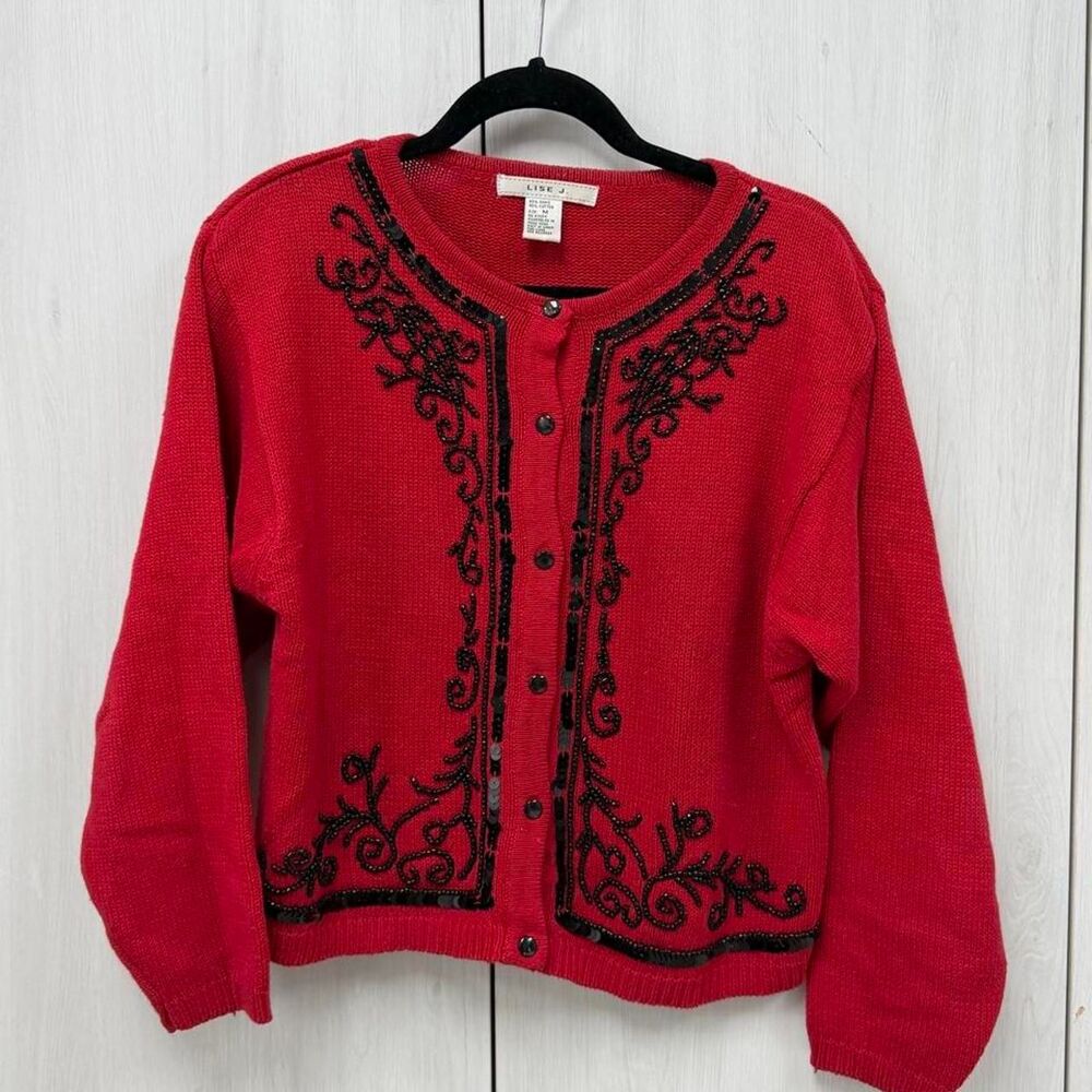 Vintage Lise J Red Black Beaded Embroidered Cardigan Sweater M
